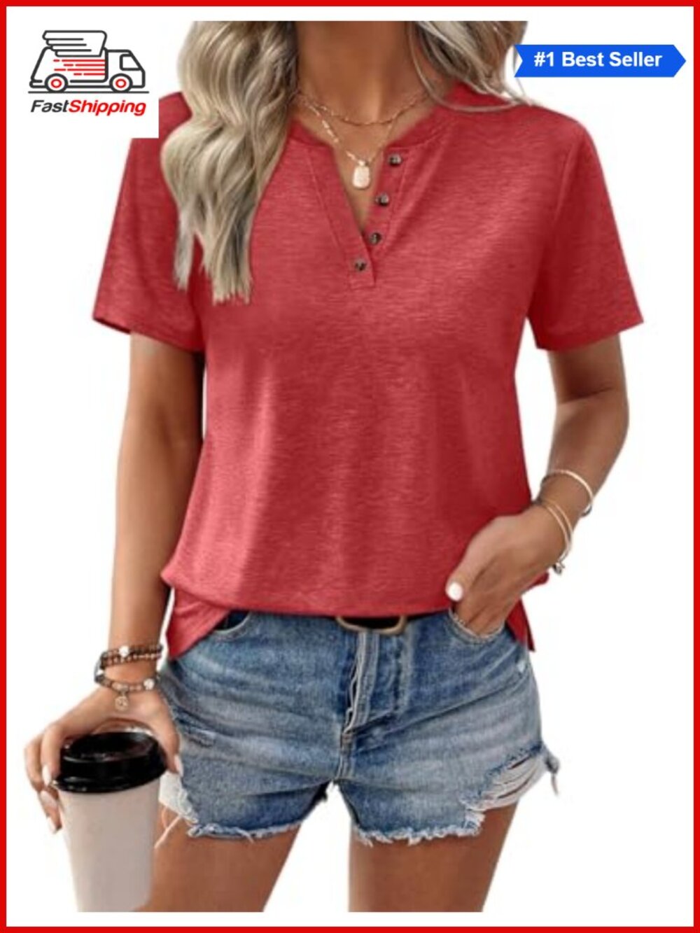 V Neck Short Sleeve Tops Button Loose Summer T Shirts